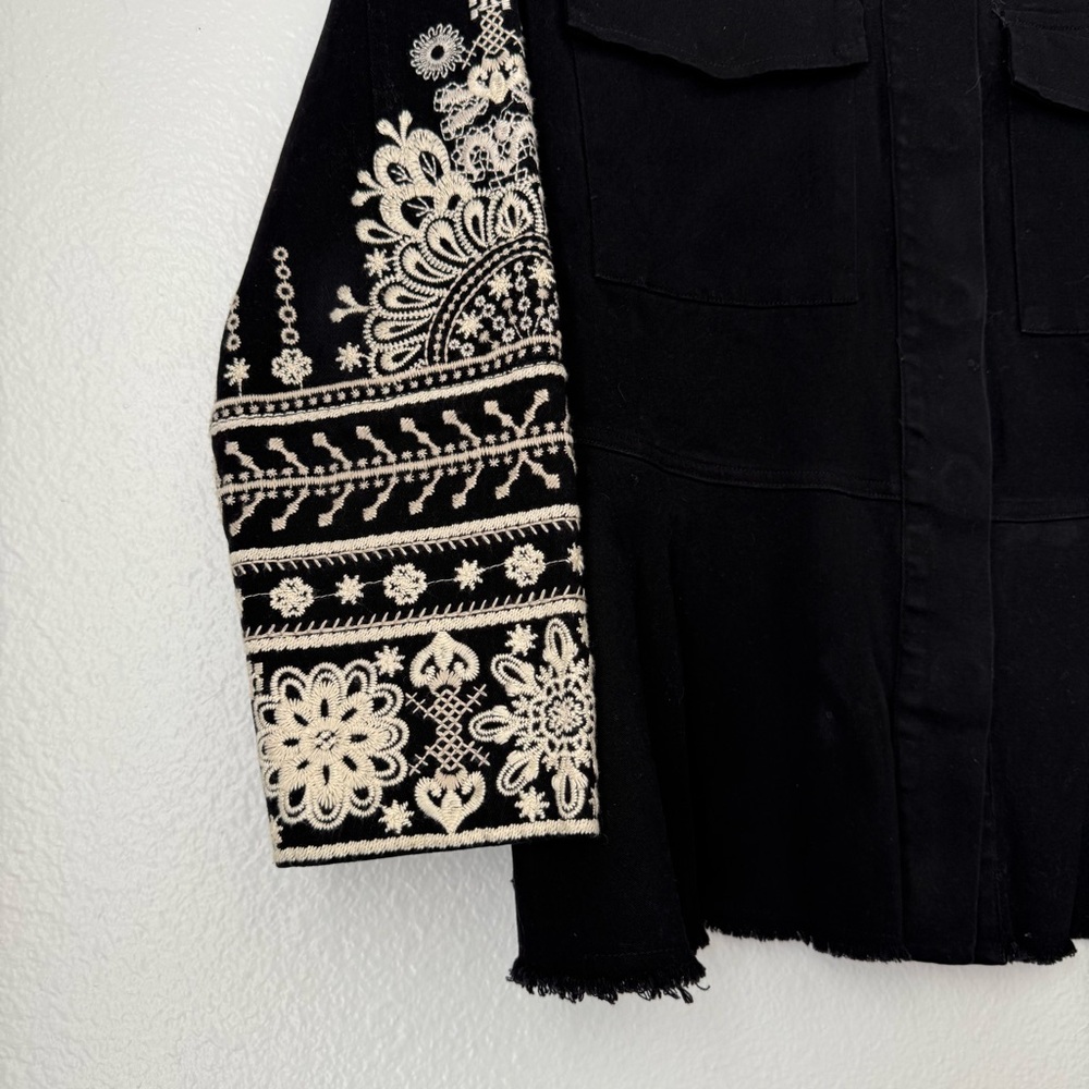 Johnny Was Workshop Marik Black Embroidered Peplum Military Jacket Raw Hem Small - Picture 8 of 14